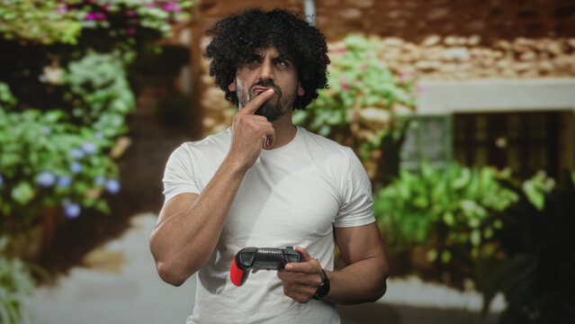 Man with curly hair and beard holding game controller, hand on chin in street among green plants and stone wall; thinking curiosity contemplation.
