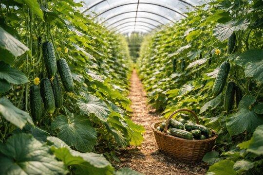 Vegetable garden polytunnel with healthy organic cucumbers and lush greenery