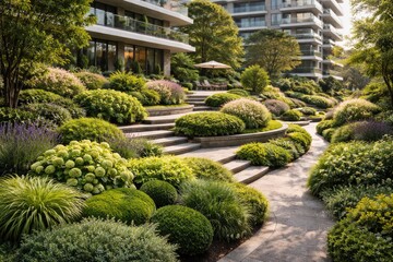Obraz premium Condominium garden designed with layered terraces and diverse bush plantings