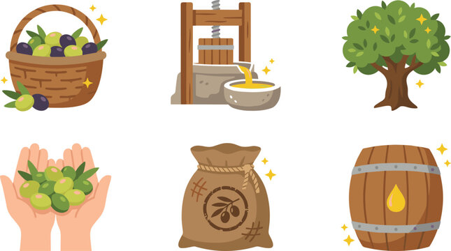 Set of 6 Olive Oil Production Icons, Featuring Olive Tree, Olive Basket, Press, Barrel, and Oil Extraction for Organic Farming and Agriculture Designs