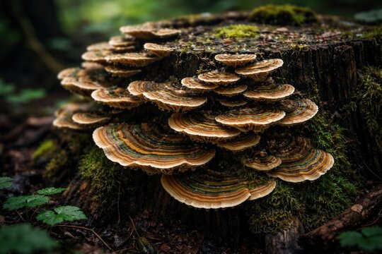 Macro shot of bracket fungi growing abundantly on old tree stump