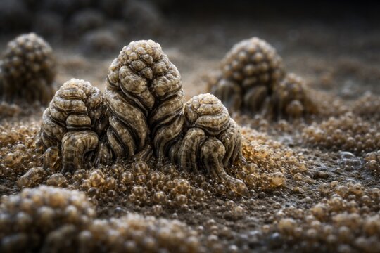 Microscopic amoebae aggregating into striped stone like slime mold forms with copy space
