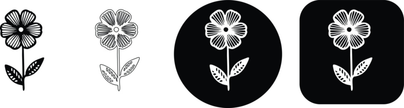 Simple flower with petals leaves outline solid circle and square variations