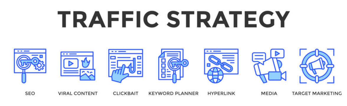 Traffic Strategy  Banner Web  Icon Set Collection Pack Vector Illustration Concept Containing Seo, Viral Content, Clickbait, Keyword Planner, Hyperlink, Media, Target Marketing