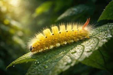 Fototapeta premium Yellow moth caterpillar exploring a lush leaf in natural light