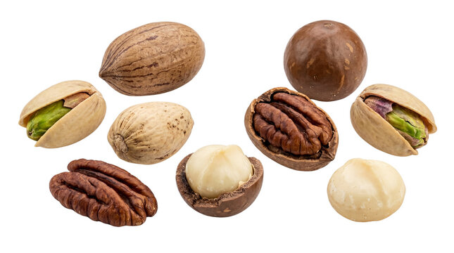 Assorted gourmet nuts collection, whole and cracked pecans with pistachios and macadamias, healthy organic snack ingredients for culinary use isolated on Transparent Background