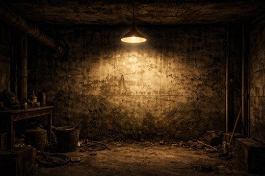 Grungy vintage basement interior showcasing illuminated concrete wall and old fashioned ceiling lamp
