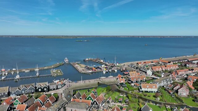 Historic lakeside village with prominent church in Europe