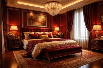 Fototapeta premium Stylish bedroom in rich red colors accented with gold featuring warm decor and elegant lighting to promote relaxation