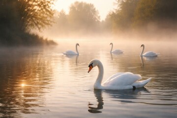 Fototapeta premium Serene white swans drifting across lake surrounded by morning haze