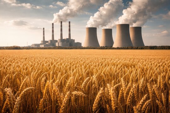 Expansive wheat field with nuclear plant chimneys and cooling towers in background