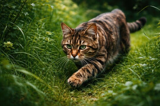 Vibrant fast-moving feline stalking in a dense green meadow environment