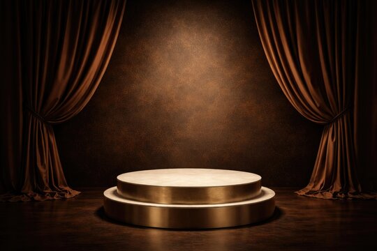 Showcase podium stand with rich brown curtain and textured backdrop