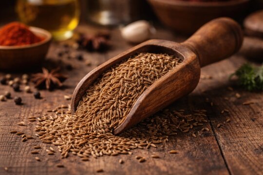 Wooden scoop holding fragrant cumin seeds on vintage rustic table