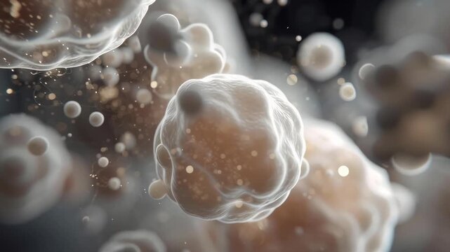 Soft, glowing cells drift in a dark, mysterious fluid. They pulse gently, connected by faint threads of light. Warm tones highlight their organic, living structure. Perfect for biology, health