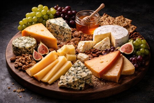platter featuring multiple cheese types over dark background