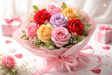 Obraz premium Origami rose bouquet in bright hues for romantic Valentine's Day with white background