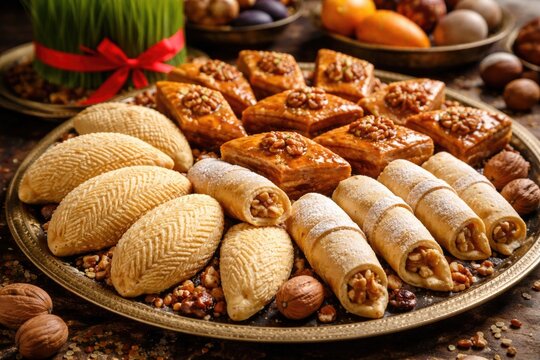 Selection of authentic Azerbaijani pastries baklava mutaki and shakarbura for Novruz
