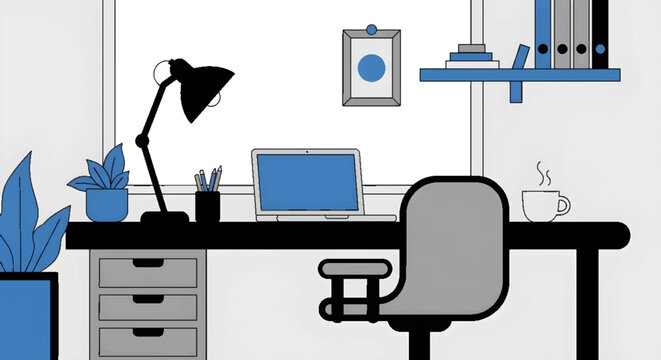 Modern home office desk setup with laptop, lamp, chair, plants, and window view