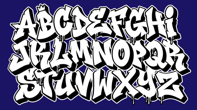 Graffiti Alphabet Letters Set - Bold White 3D Street Art Font with Dripping Paint Effect on Blue Background