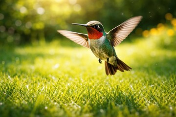 Obraz premium A joyful pet hummingbird fluttering over a vibrant green grass lawn on a sunny summer day in full length view