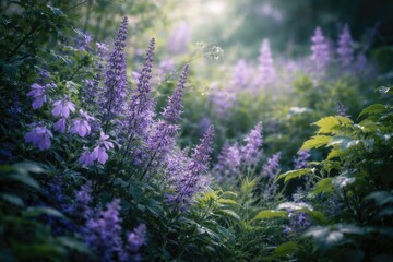 Obraz premium Painterly depiction of subtle purple flora surrounded by greenery highlighting nature's grace