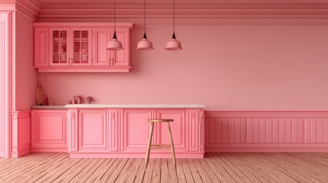 Pastel pink kitchen with wooden floor and stool.