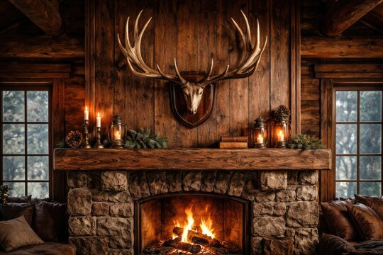 Rustic lodge scene showing large stag antlers mounted on wood panel above fireplace