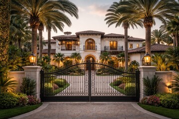 Obraz premium Refined mansion in Spanish design with secure privacy gate and palm landscape