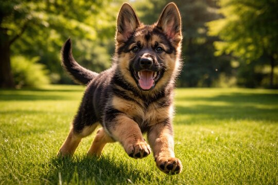 Cheerful pet young german shepherd frolicking on bright green lawn under summer sunlight