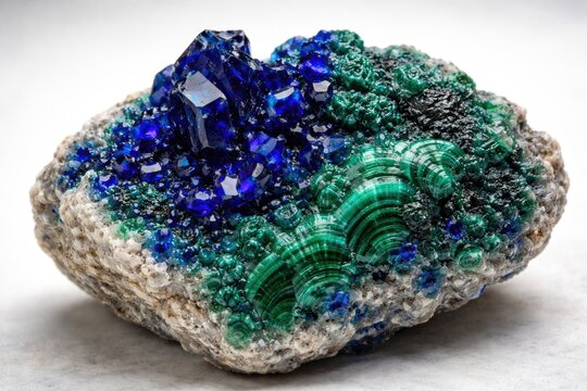Natural azurite and malachite mineral sample close up from geological collection on white