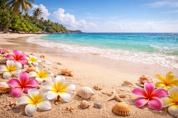 Fototapeta premium Relaxing beachscape with vibrant frangipani petals and seashells creating wide copy space