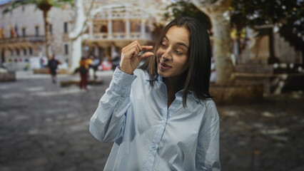 Fototapeta premium Woman pinching fingers near eye to show small size on street with visible hand and smile; playful tease.