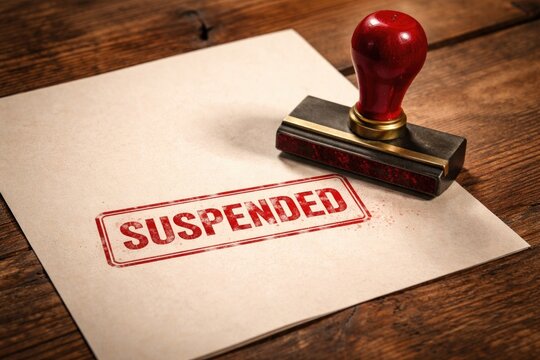 Paper stamped with SUSPENDED using red handled rubber stamper on wooden background