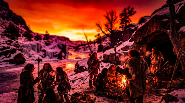 Human Evolution Group of Neanderthals resting by a campfire on a snowy riverbank during a cold Ice Age sunset CGI