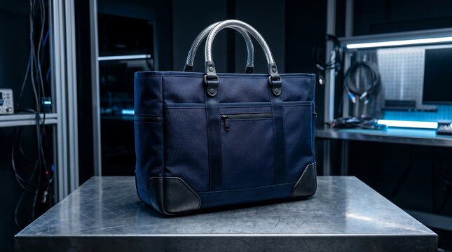 Navy Blue Heavy Duty Technical Tool Bag with Metallic Steel Handles Vector