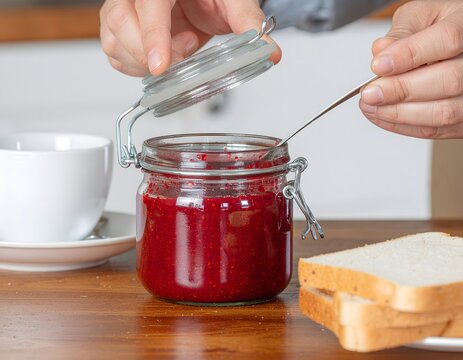 Person Spreading Red Jam on Bread