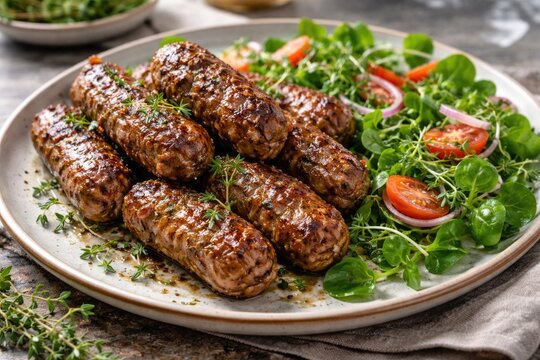 Plate of seasoned skinless cevapcici sausages with fresh garden salad of thyme and watercress