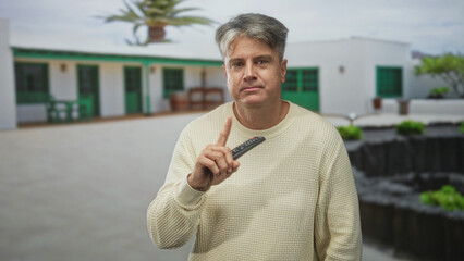 Obraz premium Man holding tv remote and pointing finger at remote in front of a white building courtyard with green doors; frustration.