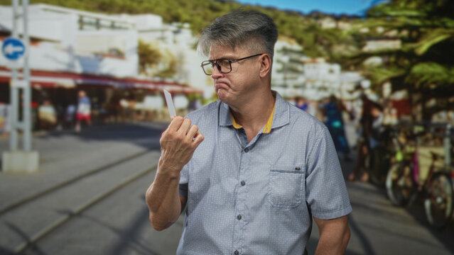 Man holding creditcard and squinting at the card with a frown on a busy street lined with cafes and bicycles; frustration concern.