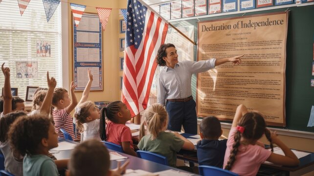 History Teacher Explaining Declaration of Independence to Diverse Students in Patriotic Classroom