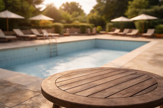 Outdoor swimming pool without water and a round wooden table captured in soft daylight blur