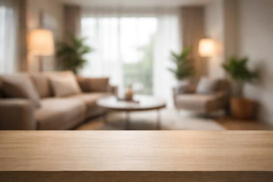 Minimalist blurred lounge setting with table top and empty copy space area