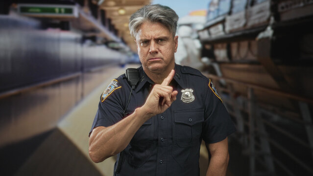 Police officer man pointing index finger to camera while showing badge and radio on uniform in building; stern warning authority.