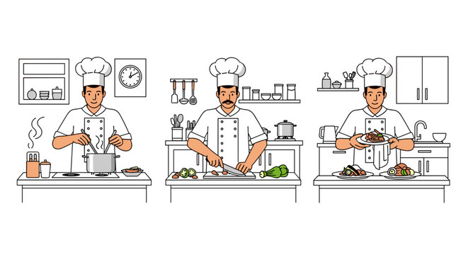 Line art of professional chefs demonstrating the full culinary journey preparing ingredients, cooking, and presenting delicious dishes in a kitchen environment