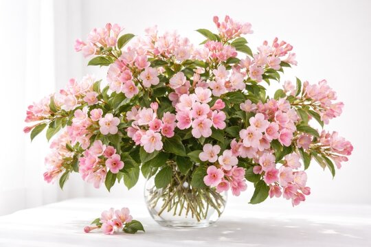 Pink weigela floral arrangement displayed on solid white background