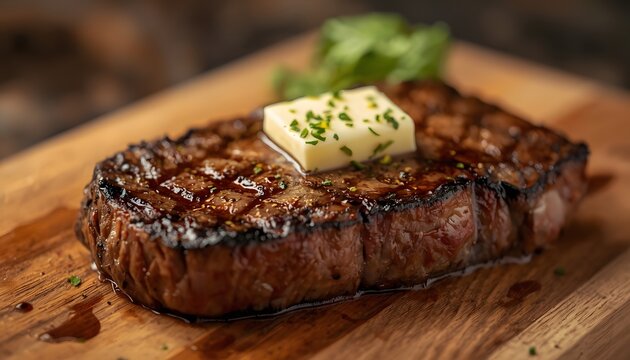 Premium Ribeye Steak with Herb Butter on Rustic Wooden Board &mdash; Restaurant Quality Close-Up Food Photography
