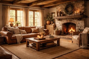 Fototapeta premium Warm farmhouse interior decorated with leather and jute rug alongside wooden furniture