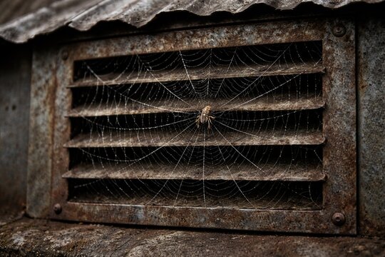 Rustic roof vent grille with a spider web spun across its metal slats