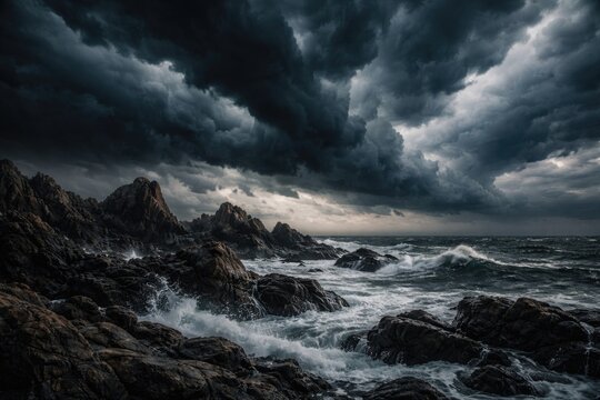 Wind swept storm clouds gathering above jagged coastal rocks